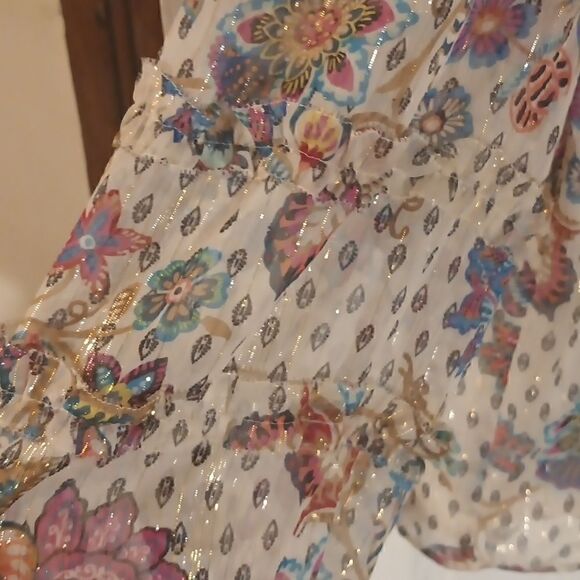 LOFT shimmer Vine smocked ruffle tie neck blouse size LP - Picture 9 of 11